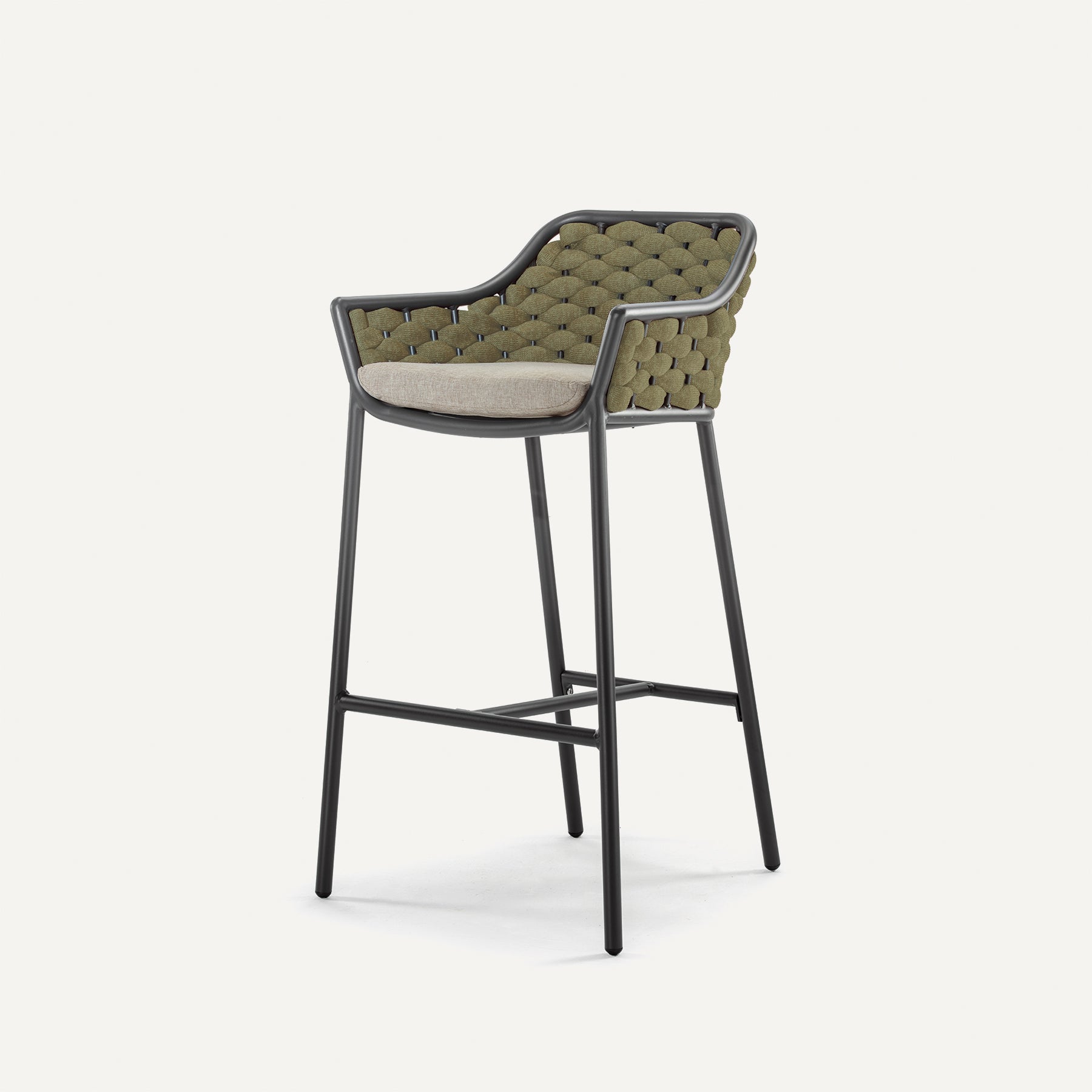 Tabouret haut SPLIT, structure aluminium époxy anthracite, tressage corde noire