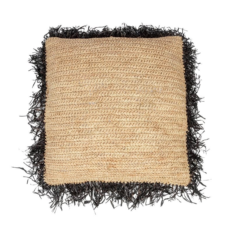 Housse de coussin carrée en raphia noir naturel 60 × 60 cm