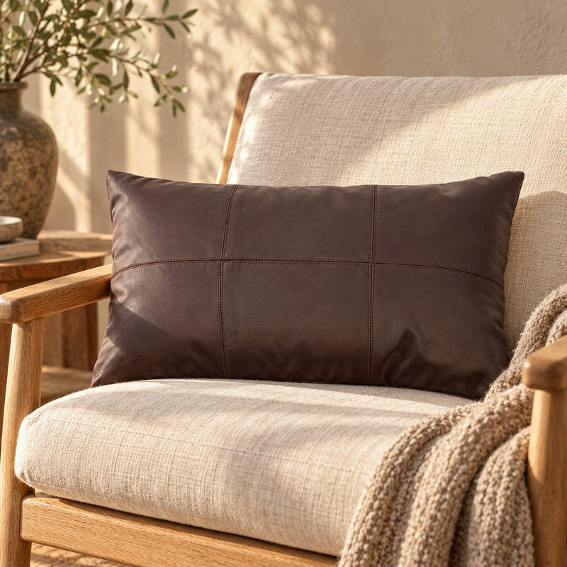 Housse de coussin en cuir six panneaux chocolat 30 × 50 cm
