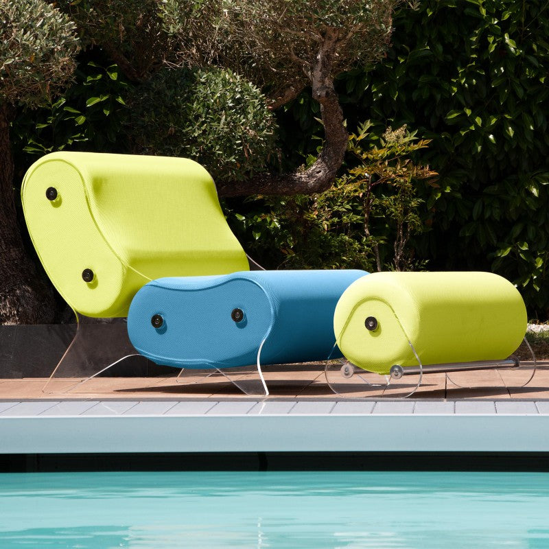 Ensemble MW06 Fauteuil turquoise et jaune et pouf design jaune – parois en PMMA coulé, assise en mousse alvéolaire
