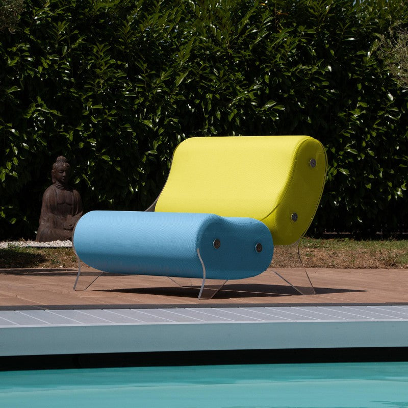 Ensemble MW06 Fauteuil turquoise et jaune et pouf design jaune – parois en PMMA coulé, assise en mousse alvéolaire