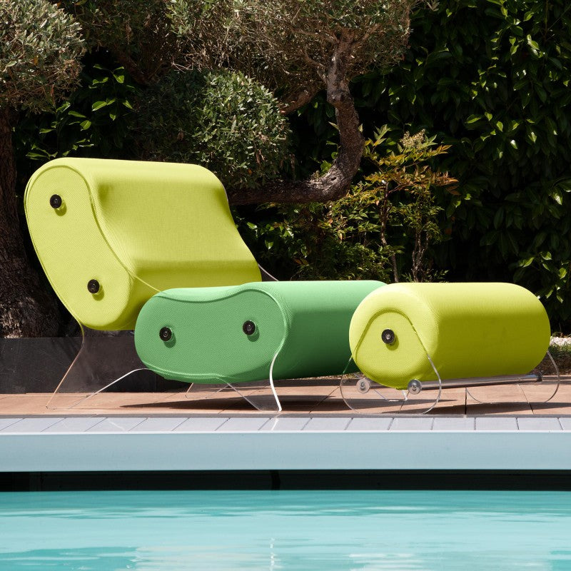 Ensemble MW06 Fauteuil vert et olive et pouf design olive – parois en PMMA coulé, assise en mousse alvéolaire