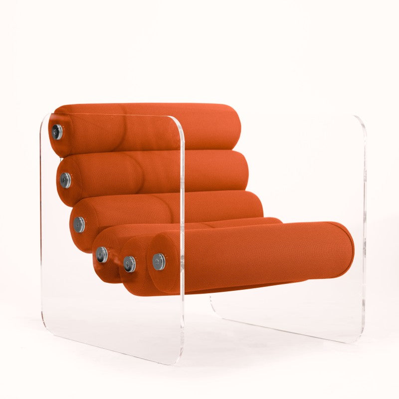 Fauteuil design MW02 – Parois en PMMA coulé, assise en mousse alvéolaire et tissu 3D