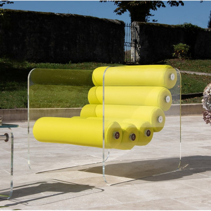 Fauteuil design MW02 – Parois en PMMA coulé, assise en mousse alvéolaire et tissu 3D