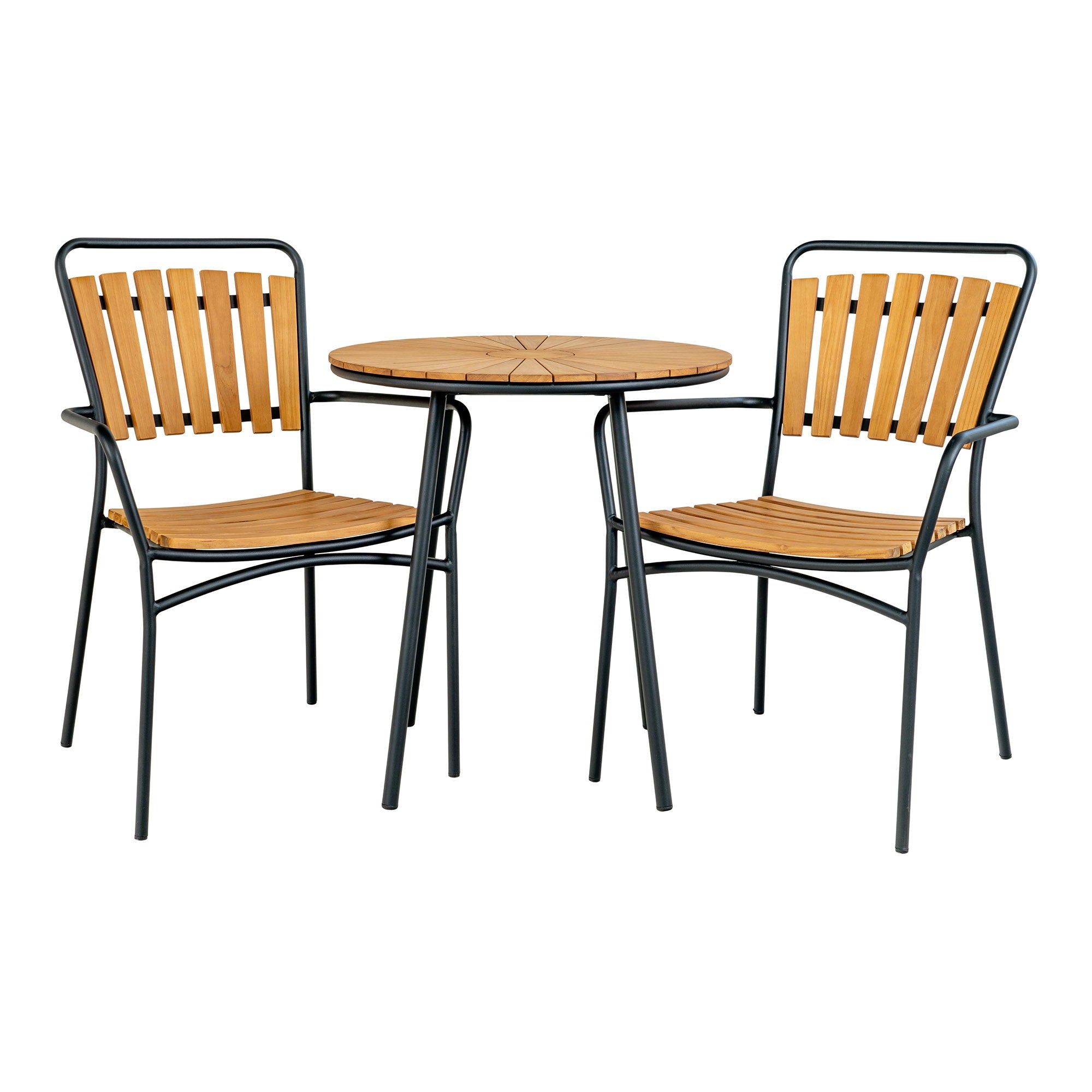Table bistrot CLEVELAND en teck naturel et métal noir – détail du plateau et du piètement