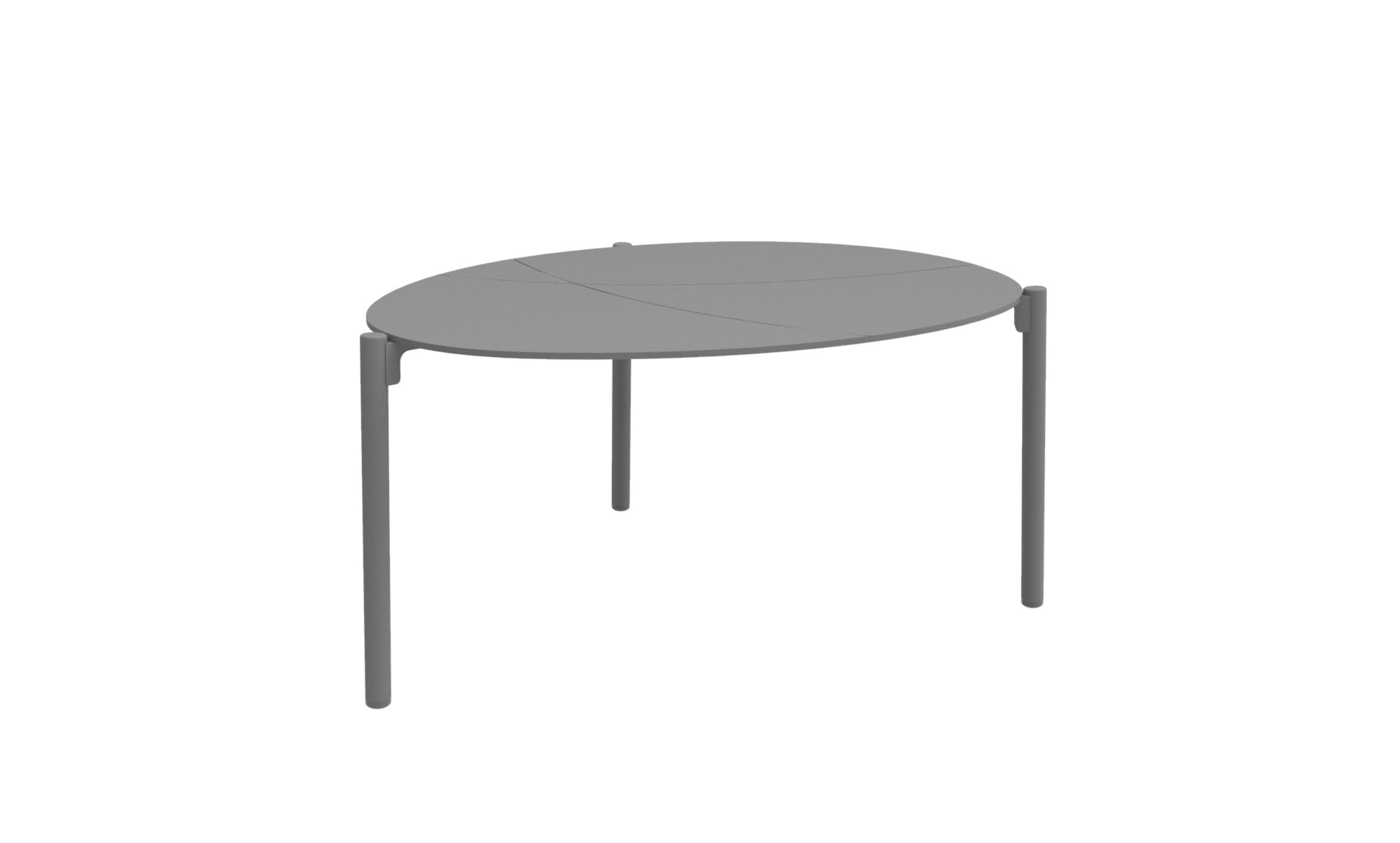 Table basse design en aluminium gris, diamètre 57 cm, du set GALET – mobilier moderne d’extérieur.
