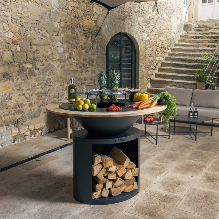 FIRTEN Brasero en acier thermolaqué noir 120 cm – Design contemporain pour cuisine extérieure.