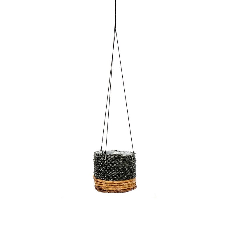 Suspension ronde pour plantes BANANA en fibres naturelles tressées, noir naturel, taille S – Bazar Bizar