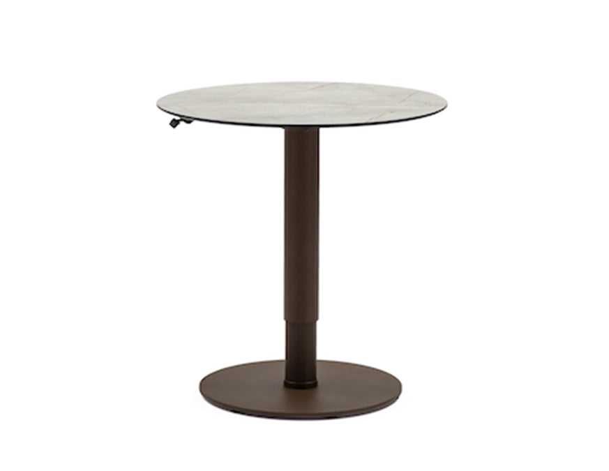 Table ENJOY Dark Bronze en position repas, plateau Oyster Marble
