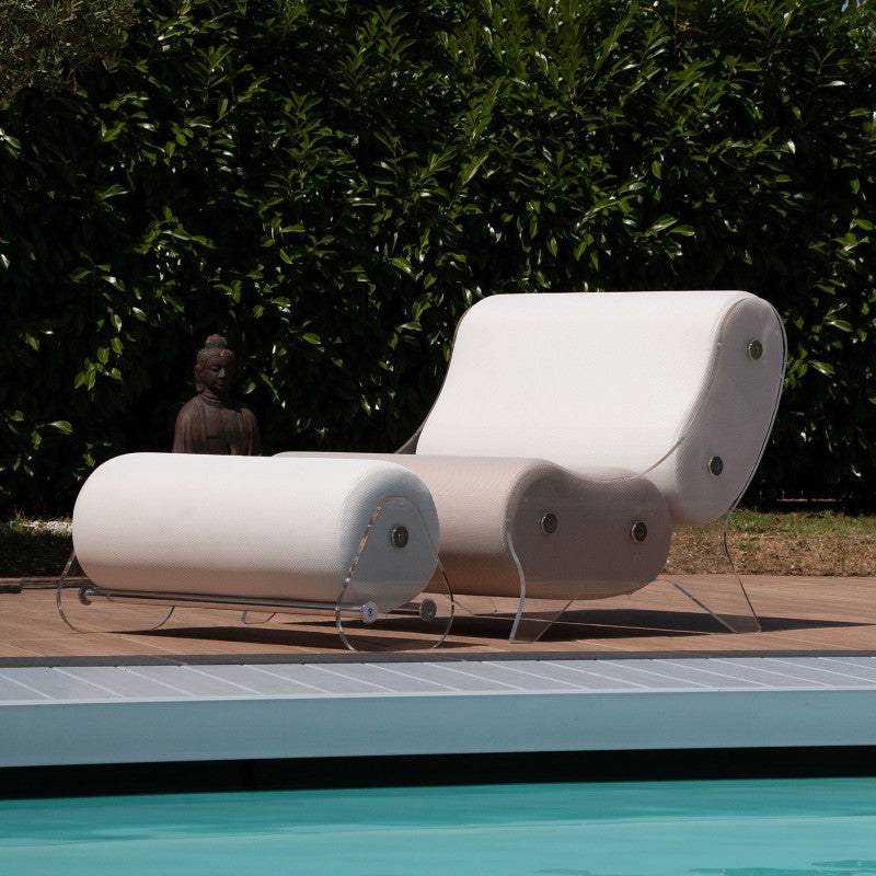Ensemble MW06 Fauteuil bicolore blanc et beige clair et pouf design blanc – parois en PMMA coulé, assise en mousse alvéolaire