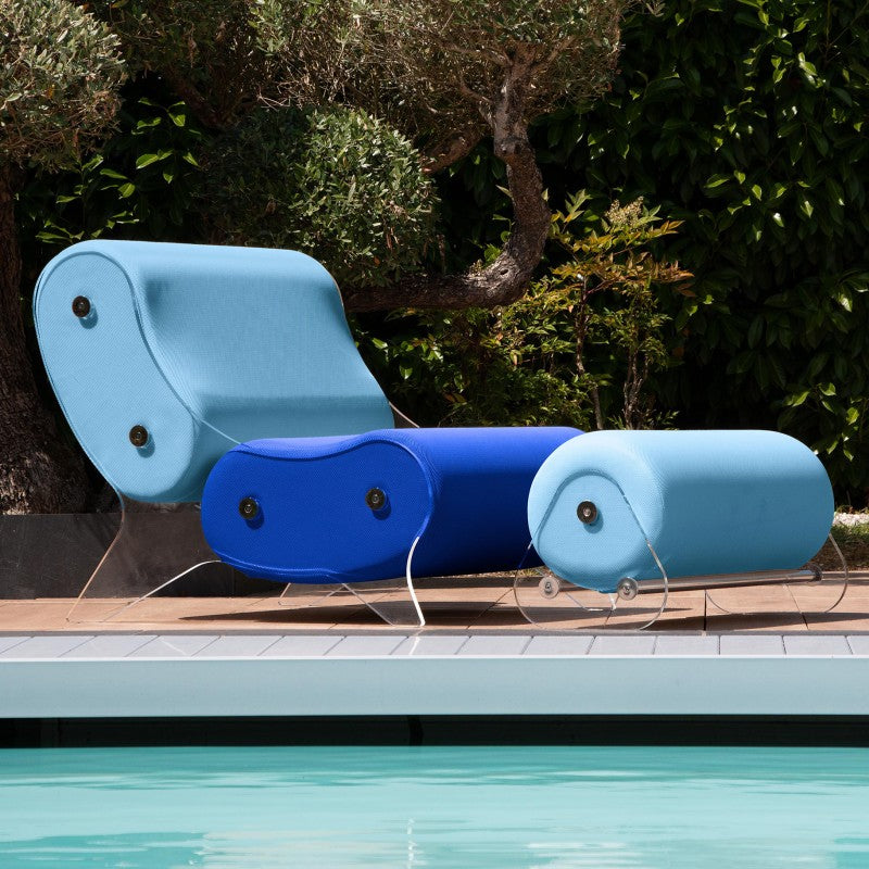 Ensemble MW06 Fauteuil bleu et turquoise et pouf design turquoise – parois en PMMA coulé, assise en mousse alvéolaire