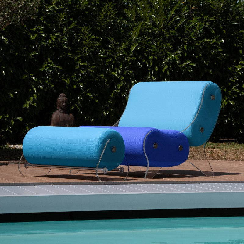 Ensemble MW06 Fauteuil bleu et turquoise et pouf design turquoise – parois en PMMA coulé, assise en mousse alvéolaire