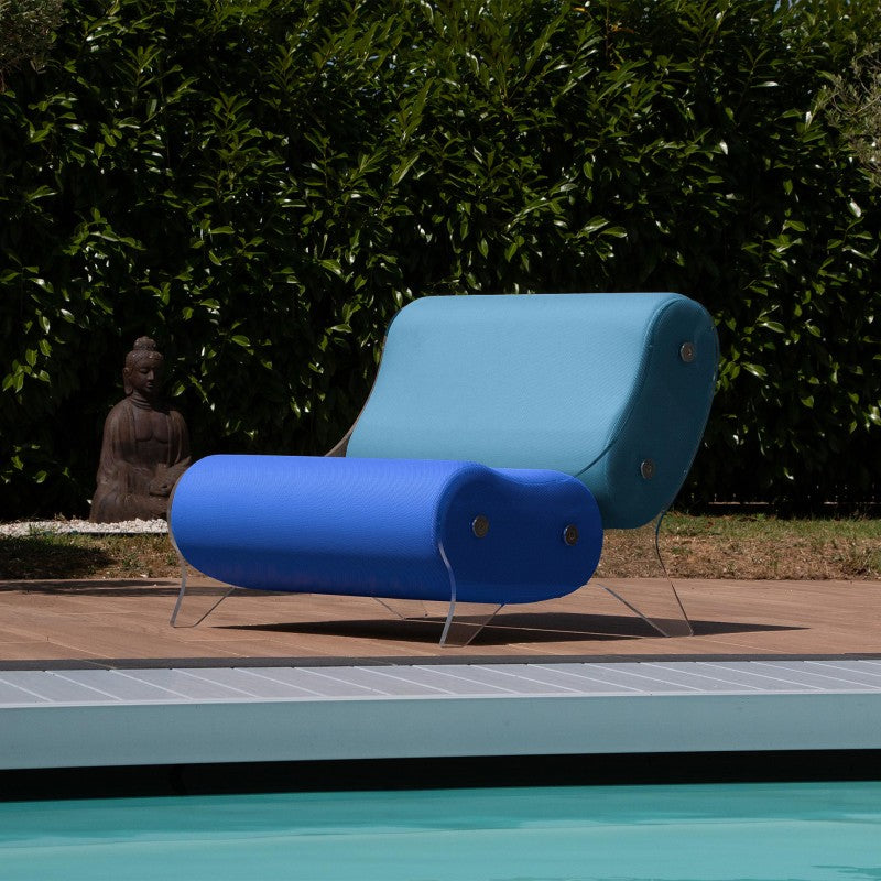 Ensemble MW06 Fauteuil bleu et turquoise et pouf design turquoise – parois en PMMA coulé, assise en mousse alvéolaire
