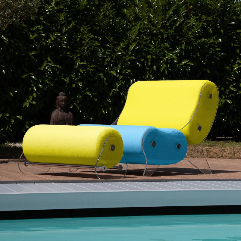 Ensemble MW06 Fauteuil turquoise et jaune et pouf design jaune – parois en PMMA coulé, assise en mousse alvéolaire