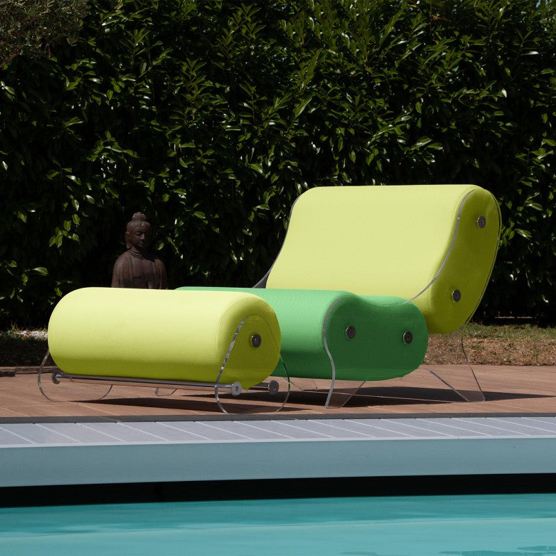 Ensemble MW06 Fauteuil vert et olive et pouf design olive – parois en PMMA coulé, assise en mousse alvéolaire