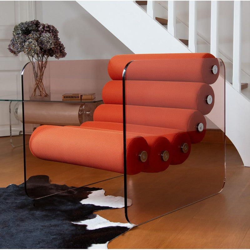 Fauteuil design MW02 – Parois en PMMA coulé bronze, assise en mousse alvéolaire et tissu 3D